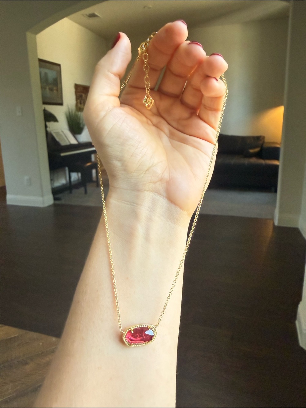 Kendra Scott Gold Necklace with Deep Red Faceted Pendant